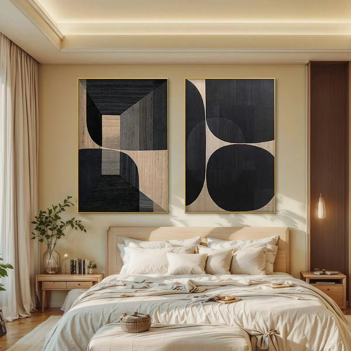 MINIMALIST GEOMETRIC DIPTYCH: Abstract Geometric Painting Set of 2, Square Wall Art