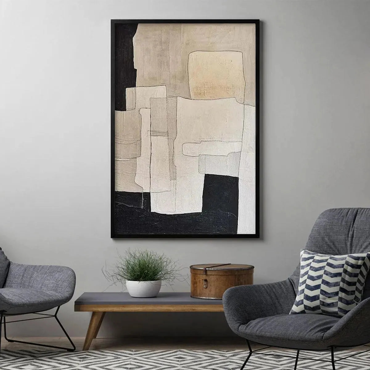 NEUTRAL ABSTRACT: Minimalist Abstract Painting in Beige and Black