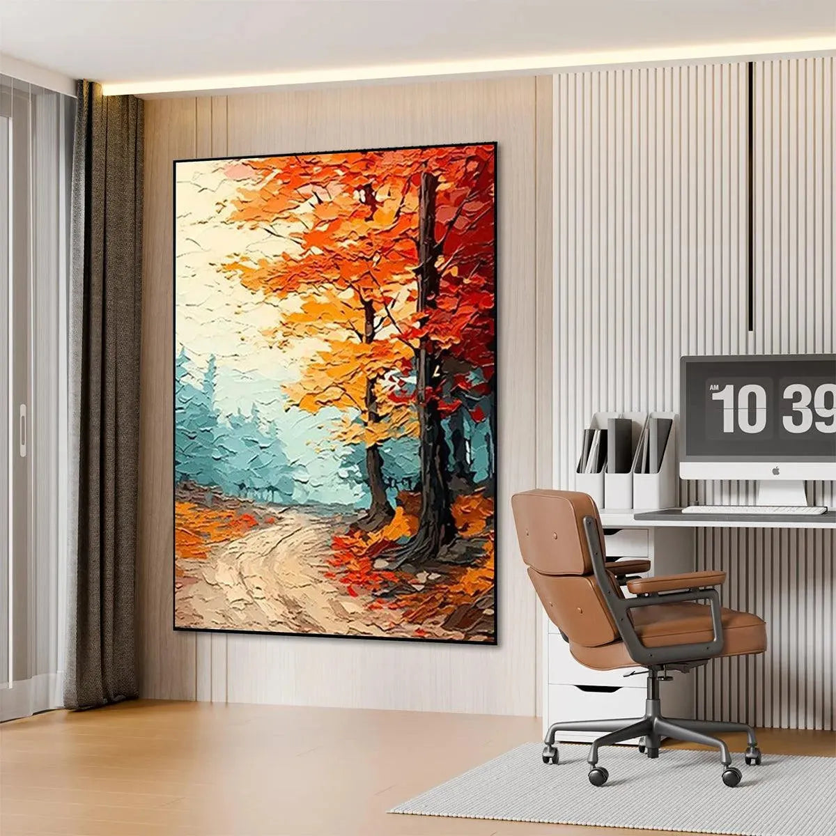 AUTUMN PATH: Textured Forest Path Painting, Orange and Blue Wall Art, Vertical Canvas, Impasto Decor