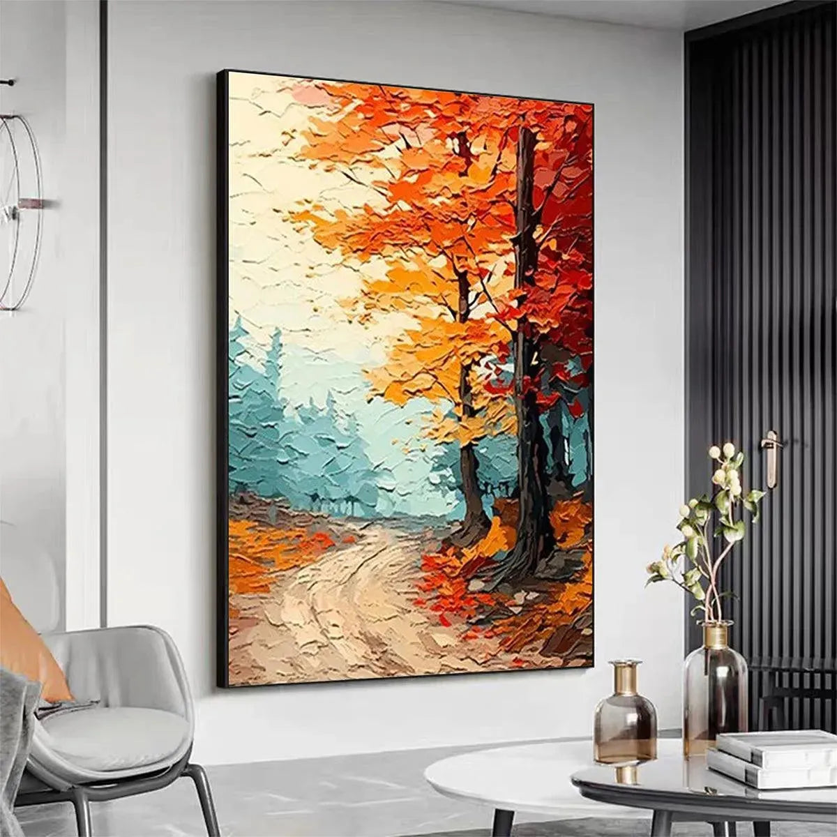 AUTUMN PATH: Textured Forest Path Painting, Orange and Blue Wall Art, Vertical Canvas, Impasto Decor