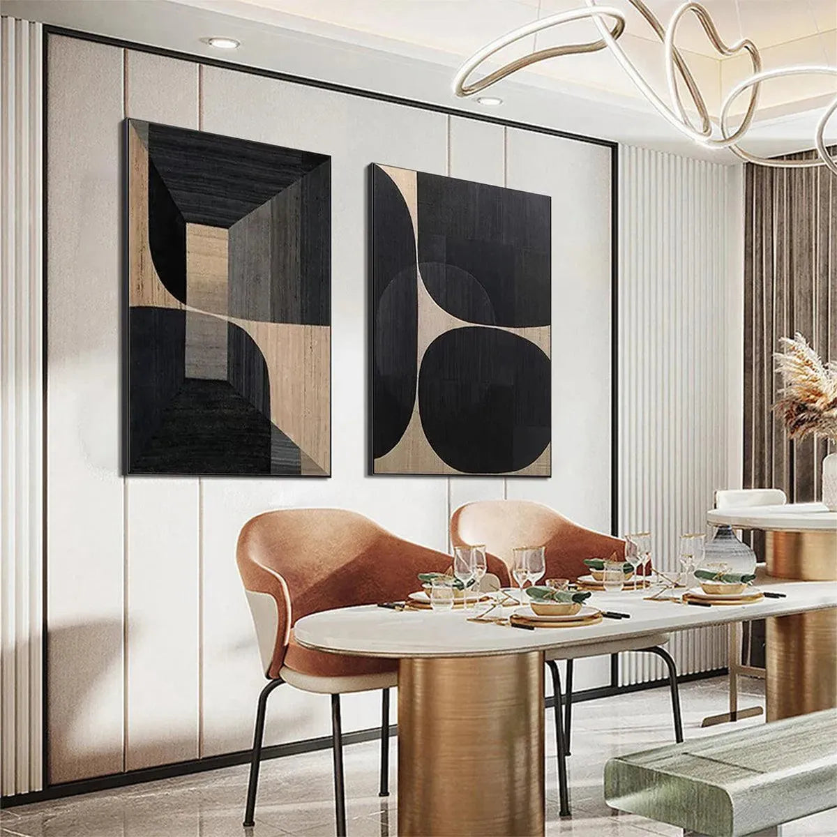 MINIMALIST GEOMETRIC DIPTYCH: Abstract Geometric Painting Set of 2, Square Wall Art