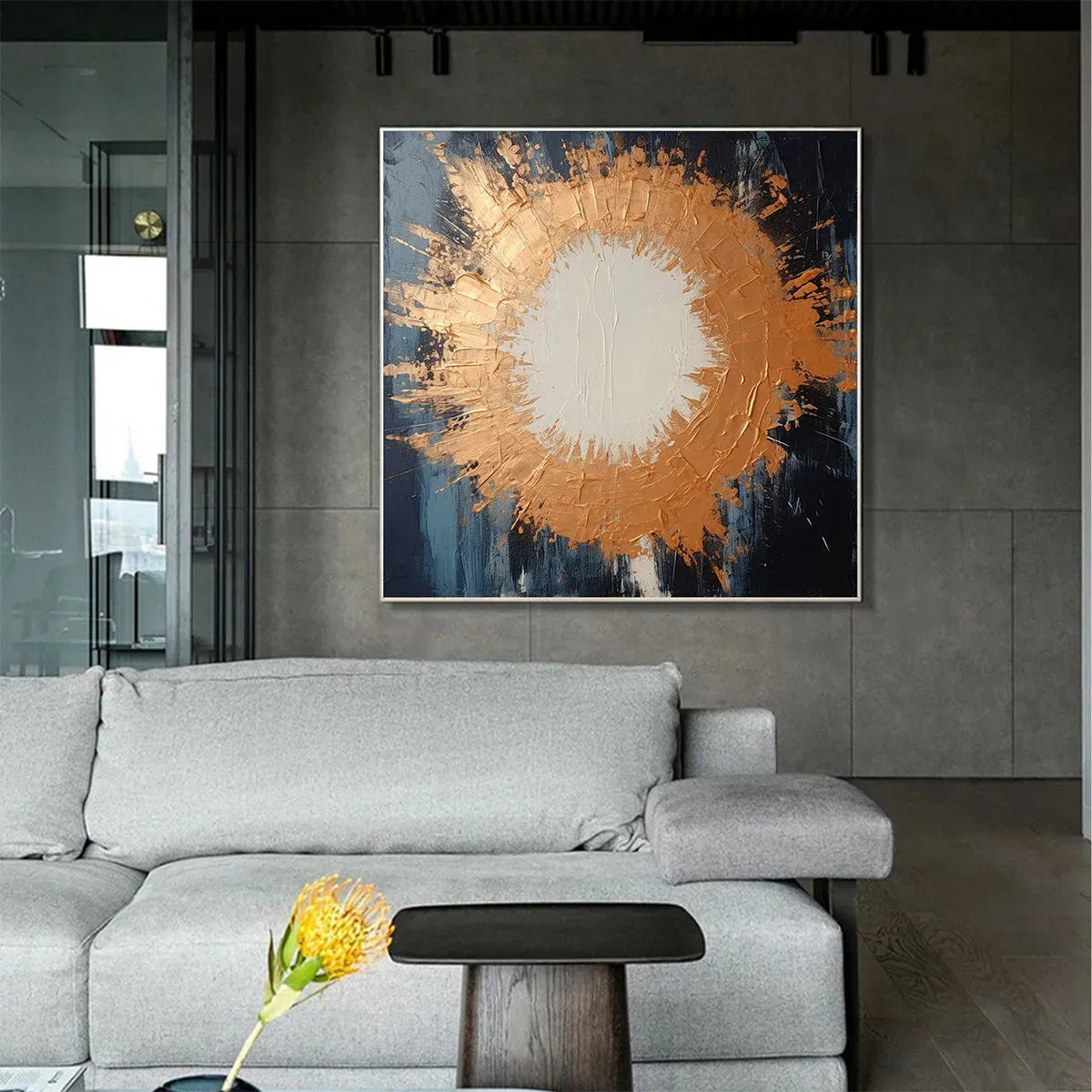 COPPER NOVA: Square Abstract Oil Painting with Copper and Dark Blue