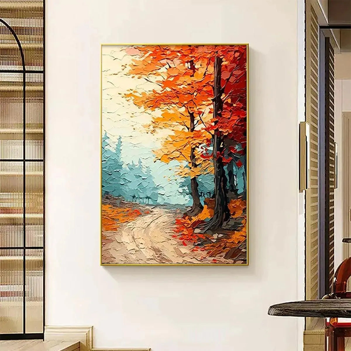 AUTUMN PATH: Textured Forest Path Painting, Orange and Blue Wall Art, Vertical Canvas, Impasto Decor