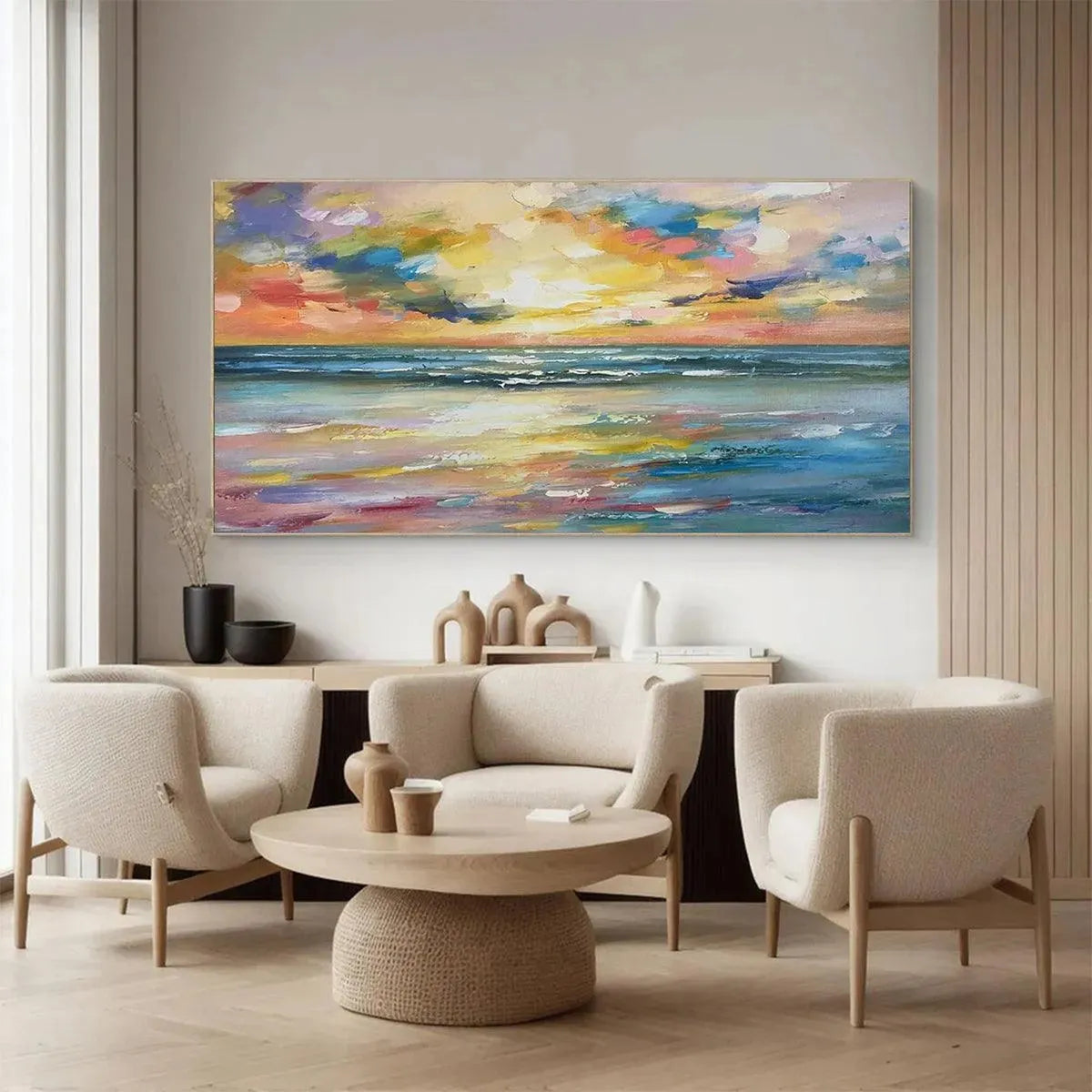 SEASIDE SUNSET SERENADE: Ocean Painting, Impasto Texture, Sunset Beach, Panoramic Wall Art, Horizontal Canvas