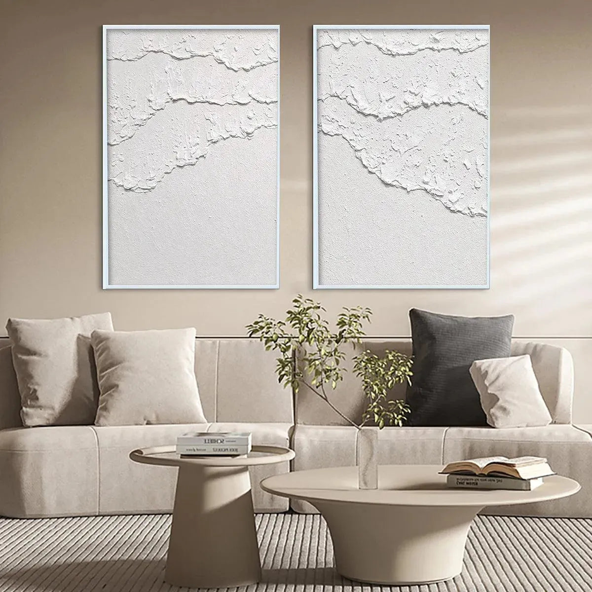 WHITE TEXTURED WAVES DIPTYCH: Textured Abstract Painting Set of 2, Vertical Wall Art