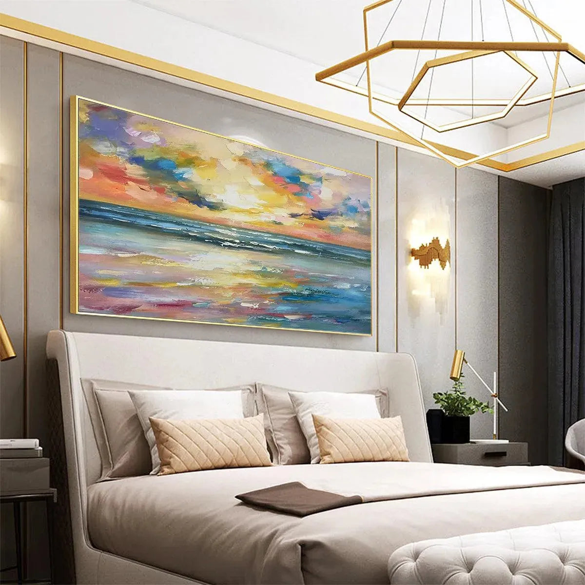 SEASIDE SUNSET SERENADE: Ocean Painting, Impasto Texture, Sunset Beach, Panoramic Wall Art, Horizontal Canvas