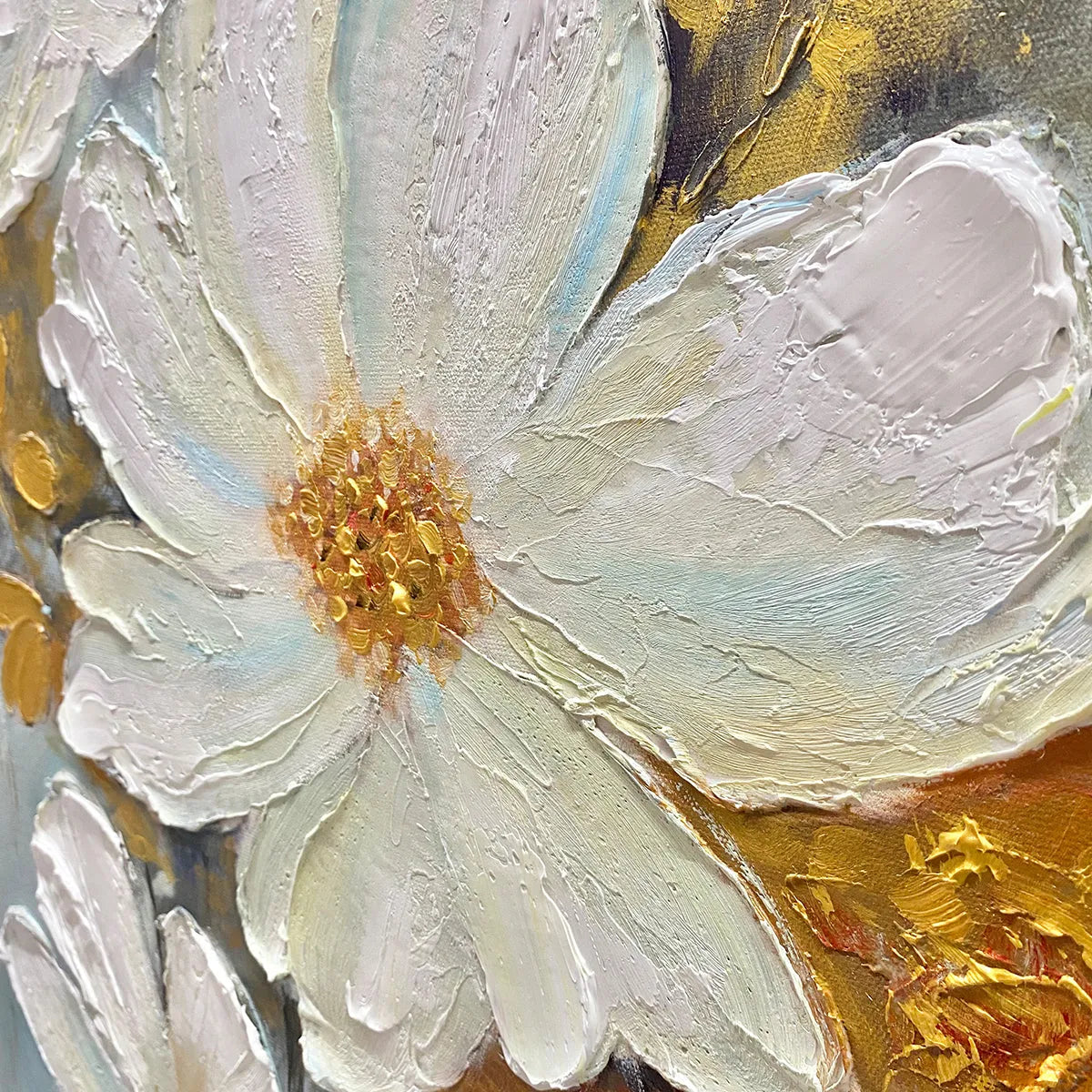 GOLDEN BLOSSOMS: Vertical Textured Floral Painting, Impasto White Flowers, Gold Accents, Living Room, Bedroom