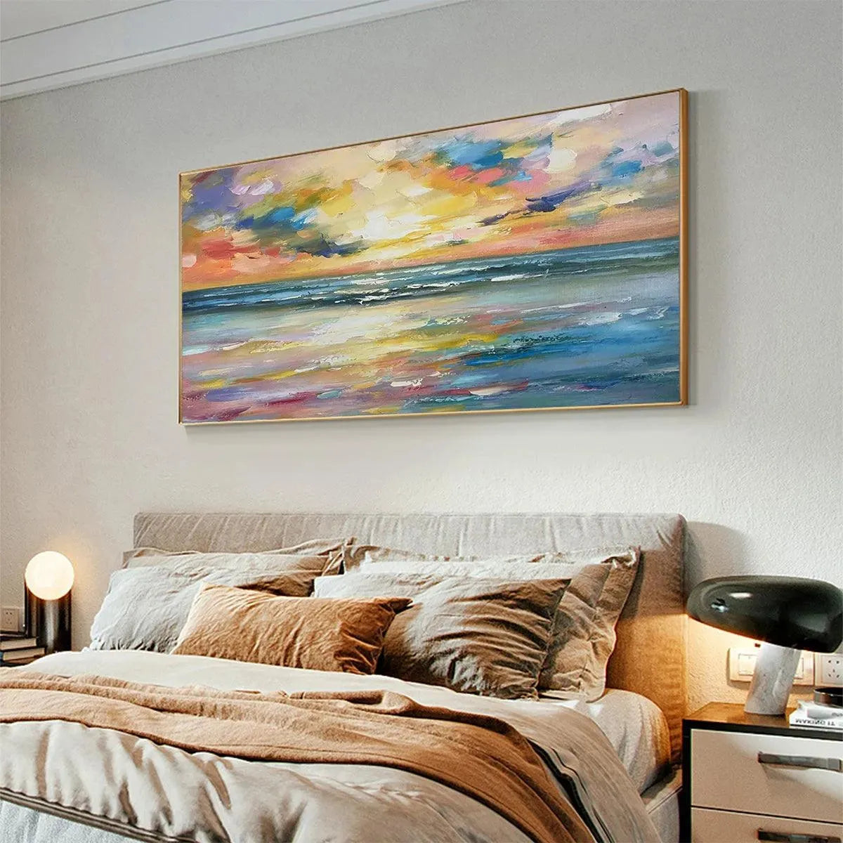 SEASIDE SUNSET SERENADE: Ocean Painting, Impasto Texture, Sunset Beach, Panoramic Wall Art, Horizontal Canvas