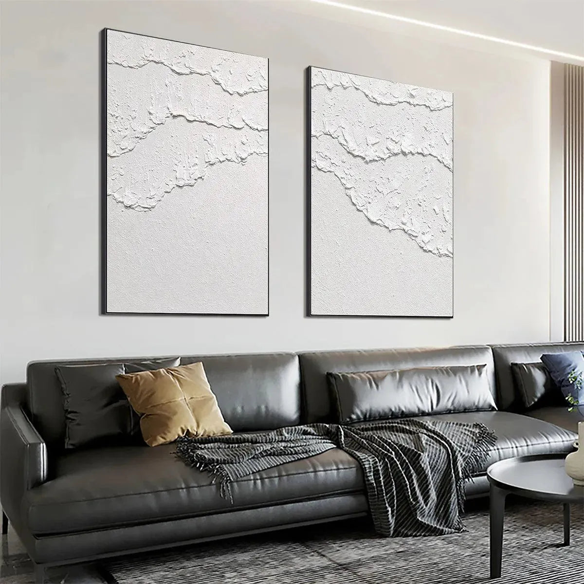 WHITE TEXTURED WAVES DIPTYCH: Textured Abstract Painting Set of 2, Vertical Wall Art