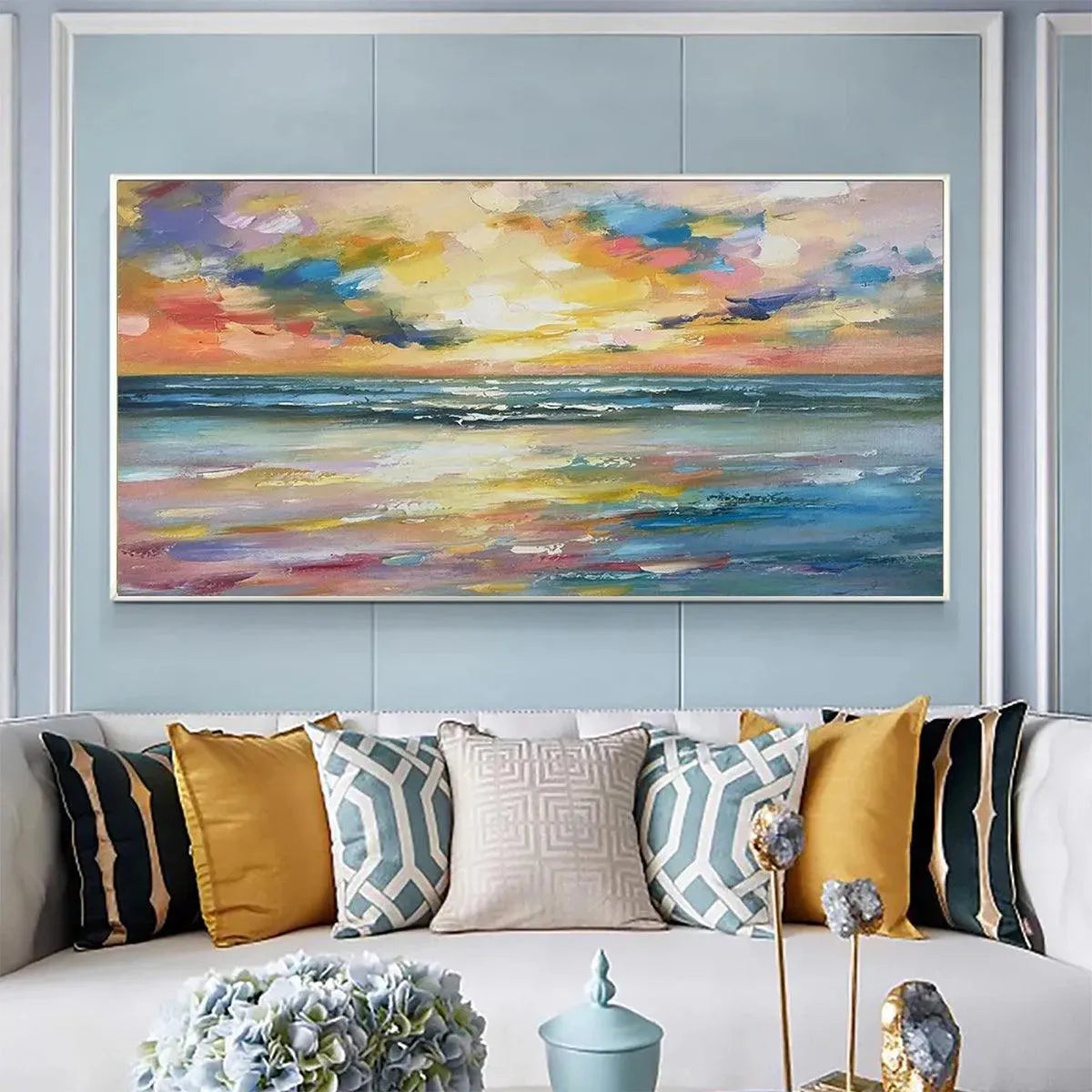 SEASIDE SUNSET SERENADE: Ocean Painting, Impasto Texture, Sunset Beach, Panoramic Wall Art, Horizontal Canvas