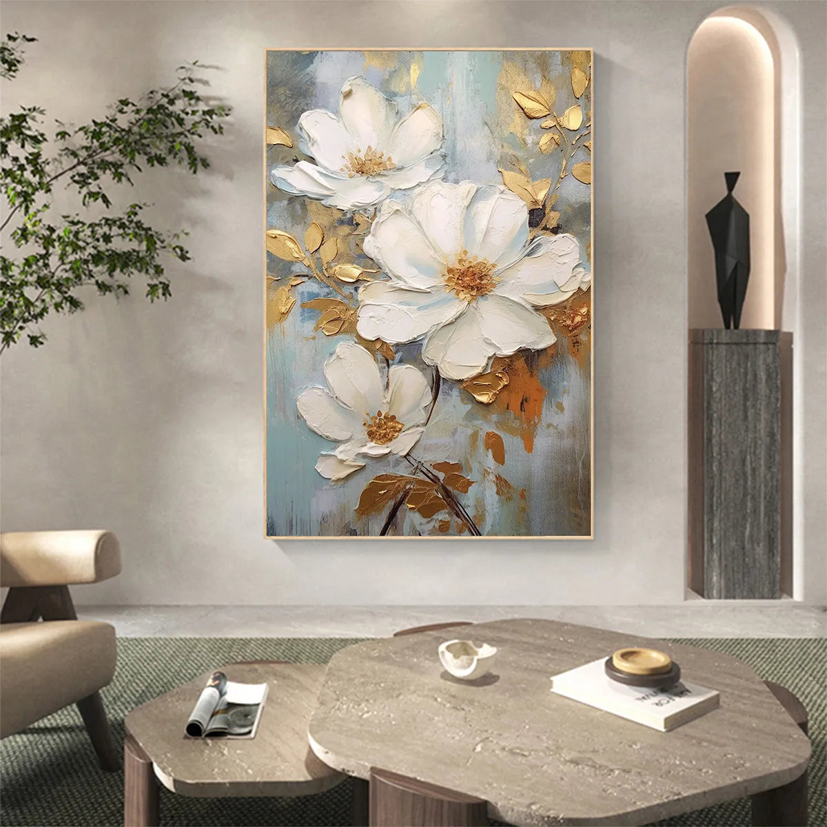 GOLDEN BLOSSOMS: Vertical Textured Floral Painting, Impasto White Flowers, Gold Accents, Living Room, Bedroom