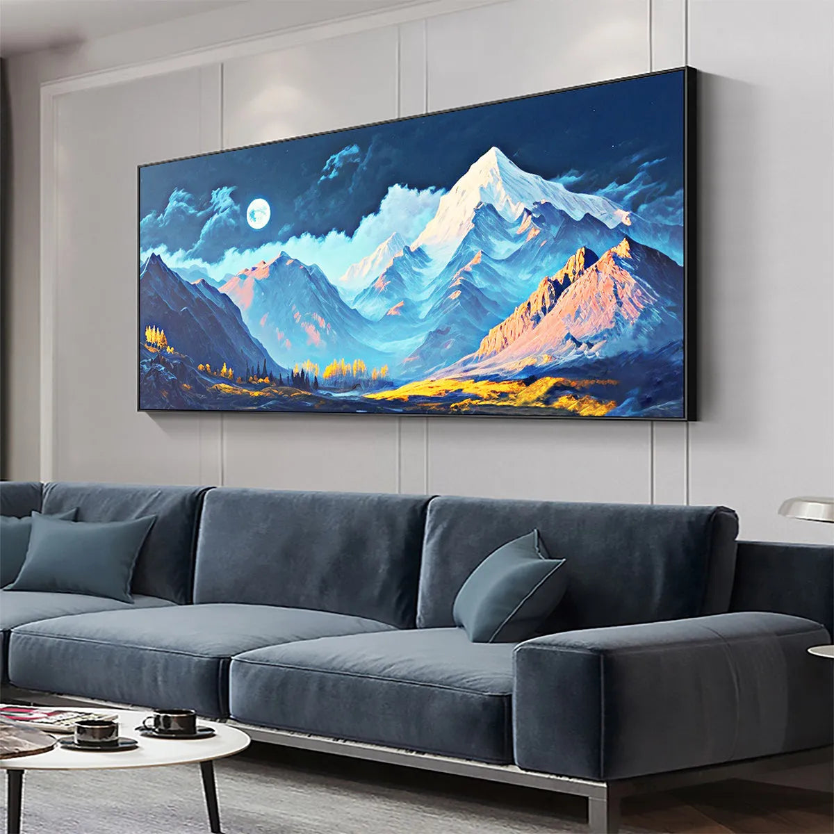 MOONLIT MAJESTY: Panoramic Mountain Landscape Oil Painting with Moon