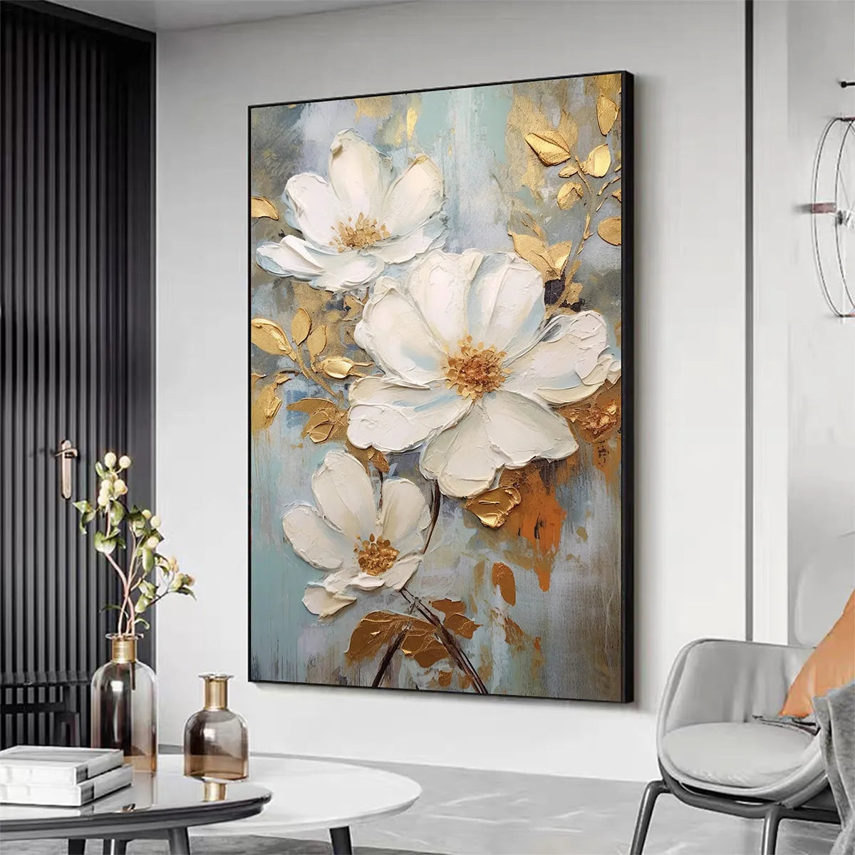 GOLDEN BLOSSOMS: Vertical Textured Floral Painting, Impasto White Flowers, Gold Accents, Living Room, Bedroom
