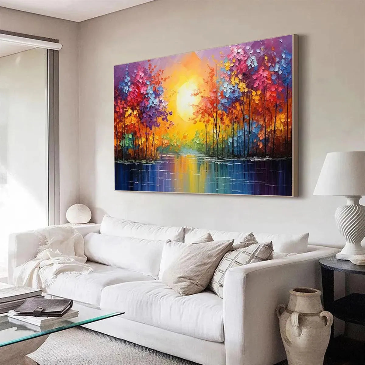 TWILIGHT REFLECTIONS: Colorful Landscape Painting of Trees by the Water