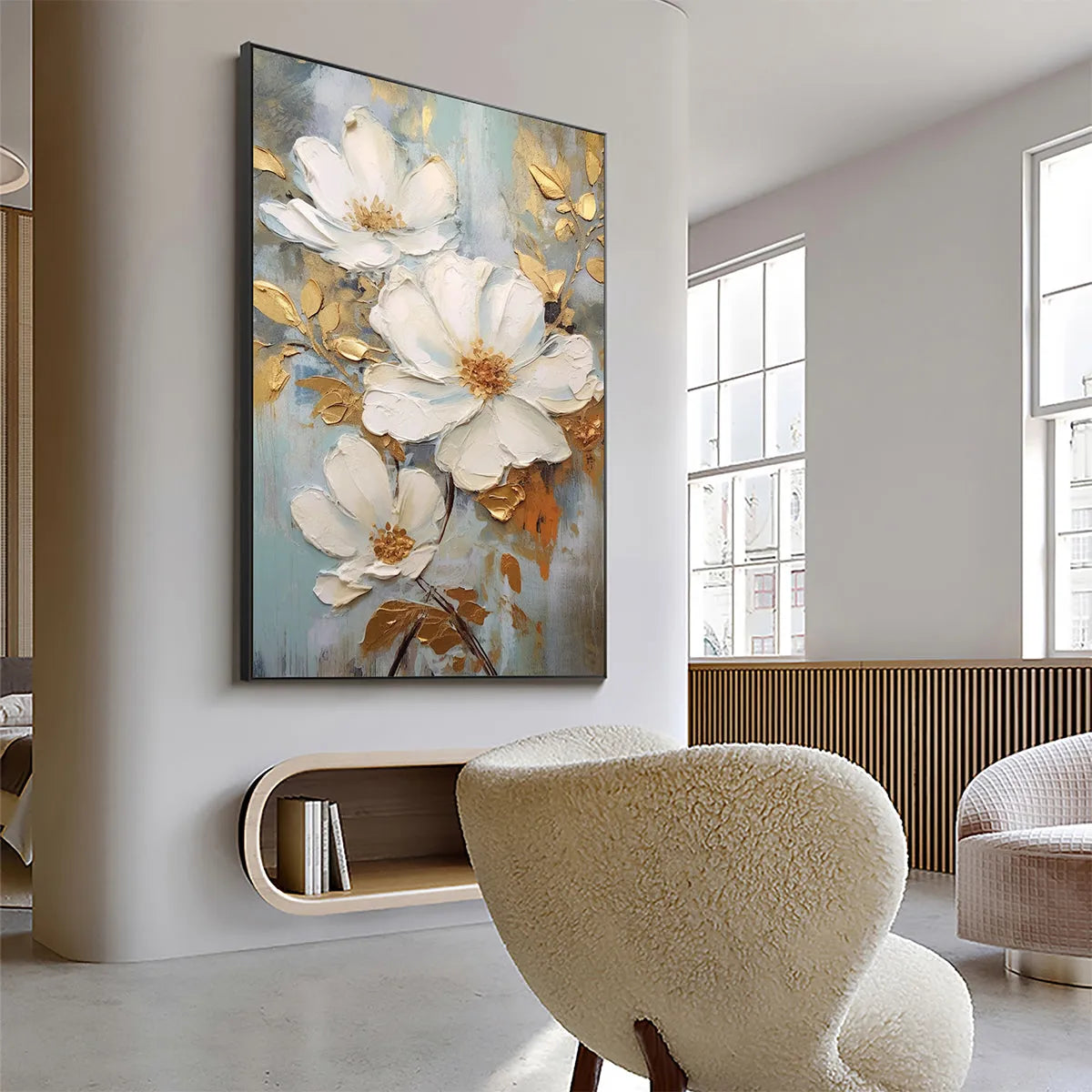 GOLDEN BLOSSOMS: Vertical Textured Floral Painting, Impasto White Flowers, Gold Accents, Living Room, Bedroom