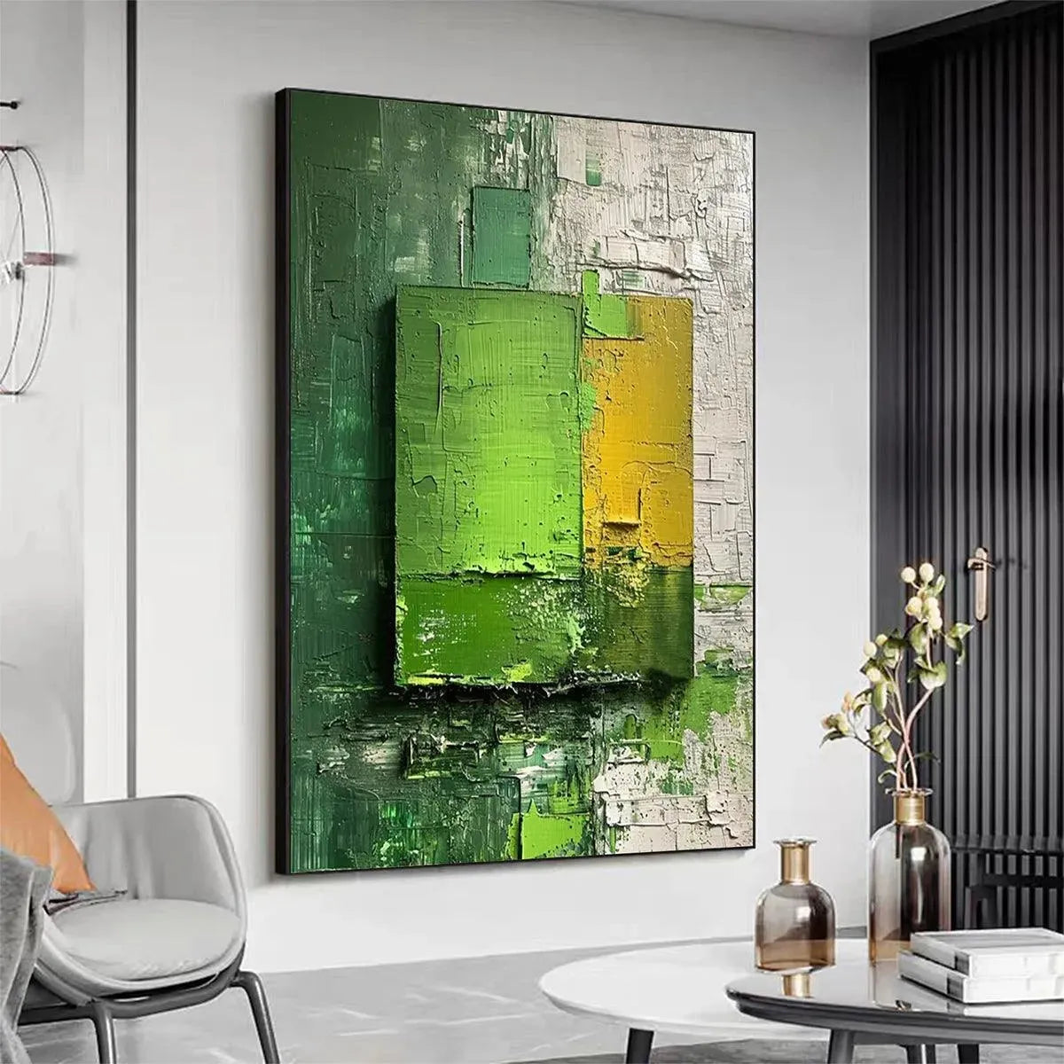 GREEN AND YELLOW TEXTURED BLOCKS: Impasto Abstract Painting, Vertical Wall Art