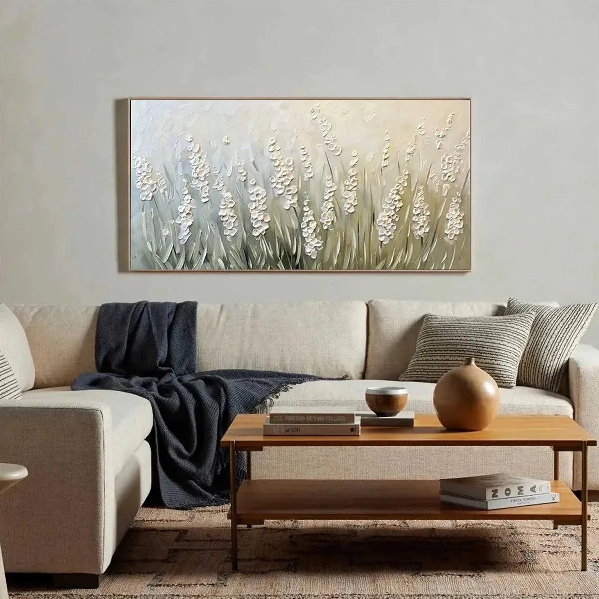 TEXTURED MEADOW: Textured Floral Landscape Painting in Green and White