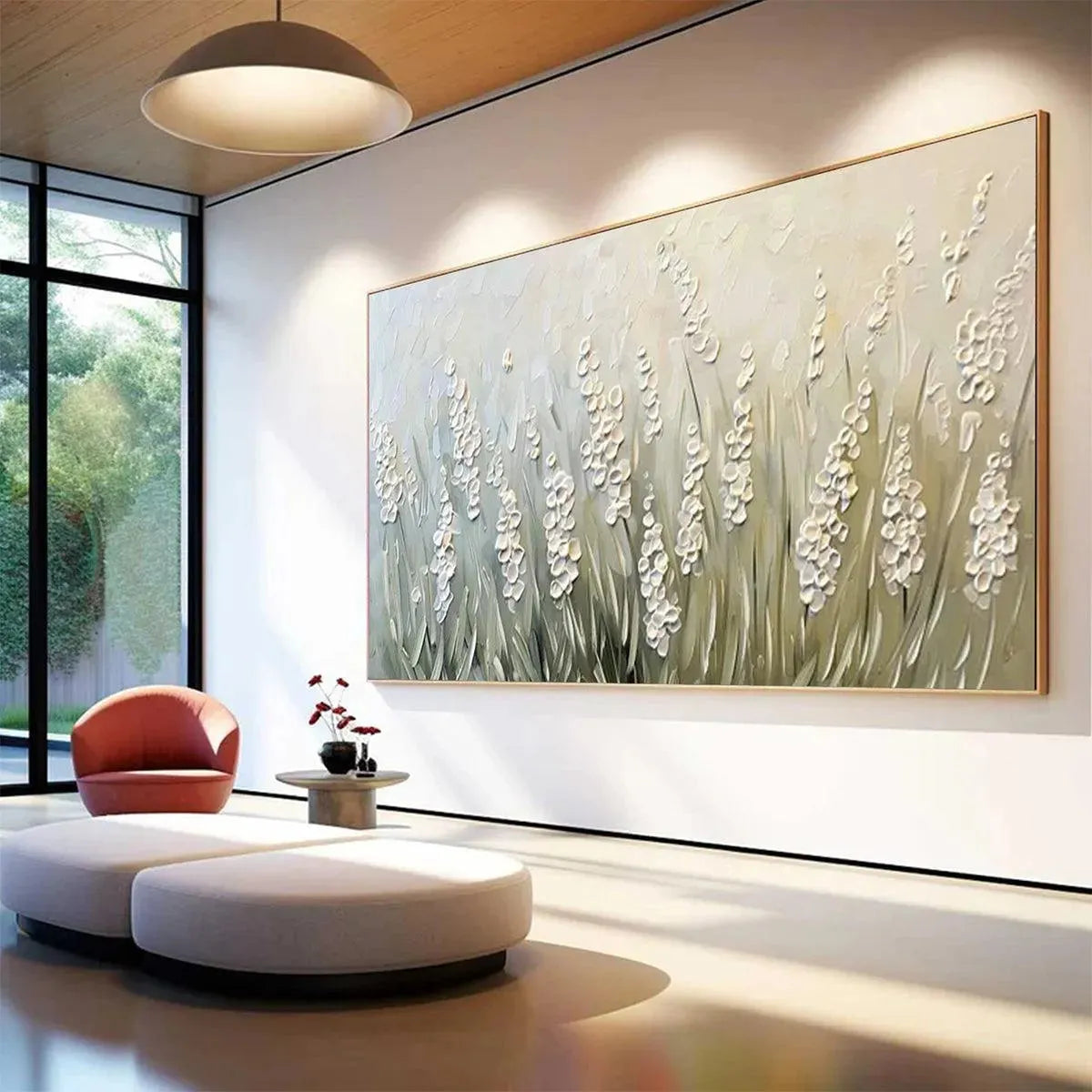 TEXTURED MEADOW: Textured Floral Landscape Painting in Green and White
