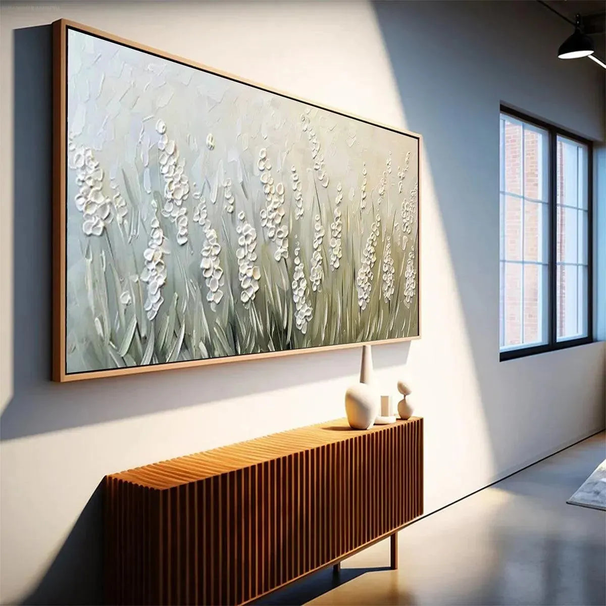 TEXTURED MEADOW: Textured Floral Landscape Painting in Green and White