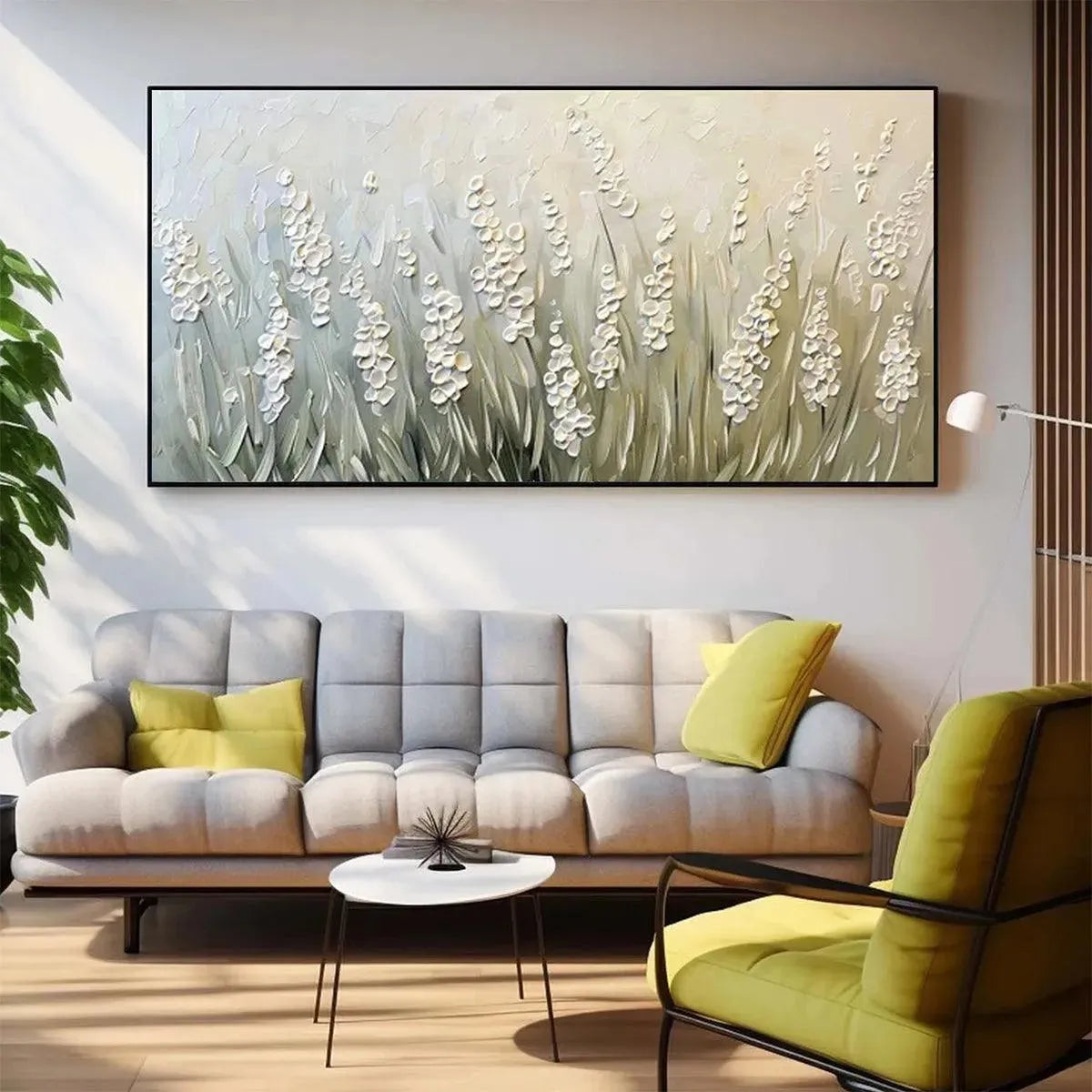 TEXTURED MEADOW: Textured Floral Landscape Painting in Green and White