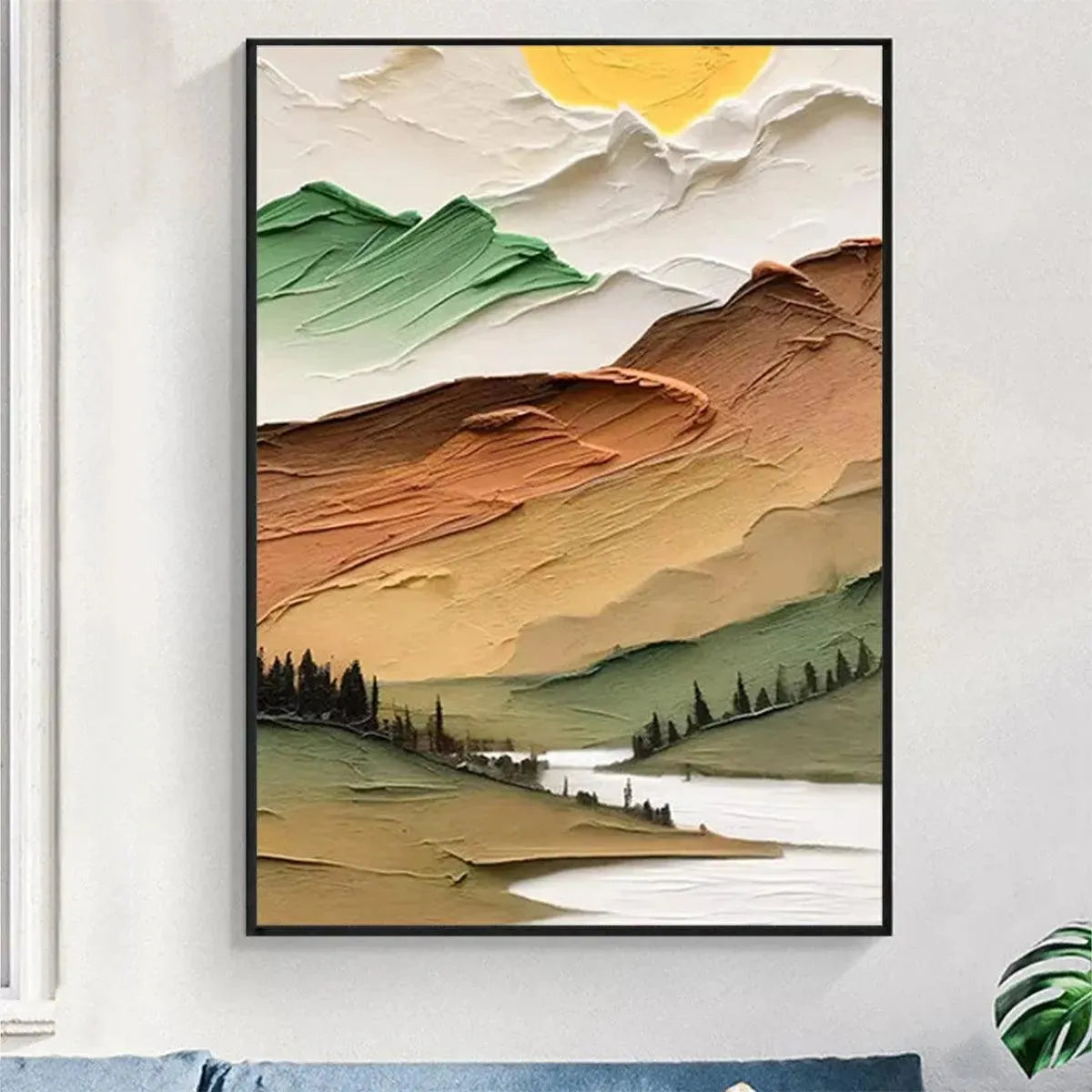 GOLDEN VALLEY: Textured Mountain Landscape Painting, Green and Gold Wall Art, Vertical Canvas, Impasto Decor