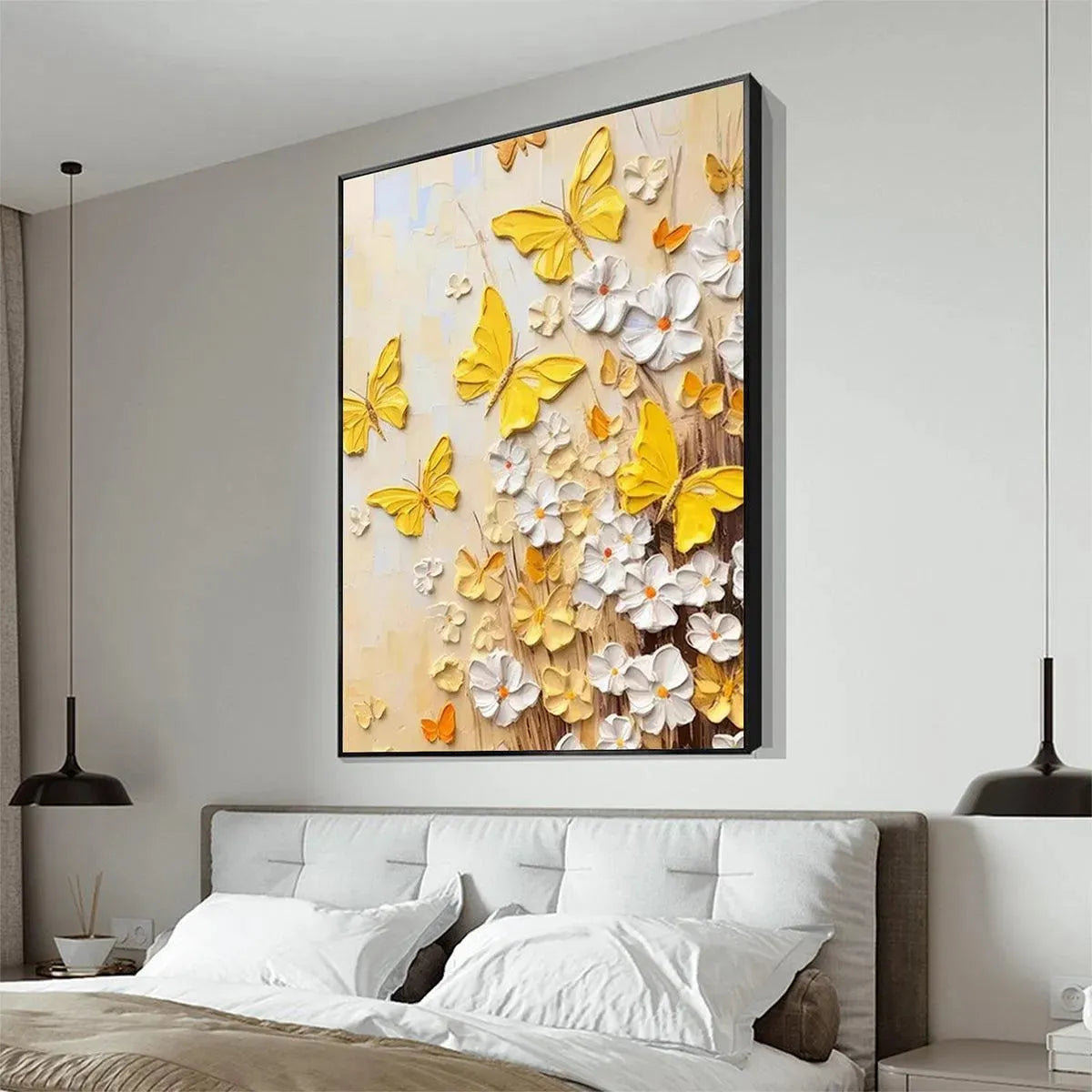 GOLDEN BUTTERFLIES: Textured Butterfly and Floral Painting, Yellow and White Wall Art, Vertical Canvas, Impasto Decor