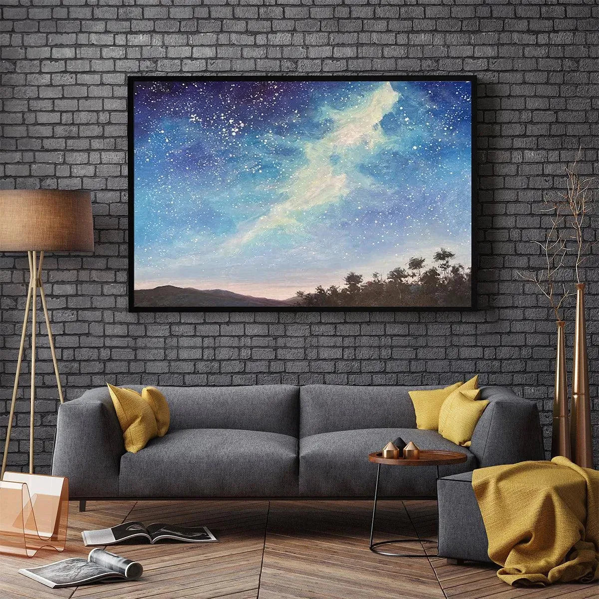 CELESTIAL DREAMSCAPE: Nightscape Painting, Starry Sky Wall Art, Panoramic Landscape, Horizontal Canvas