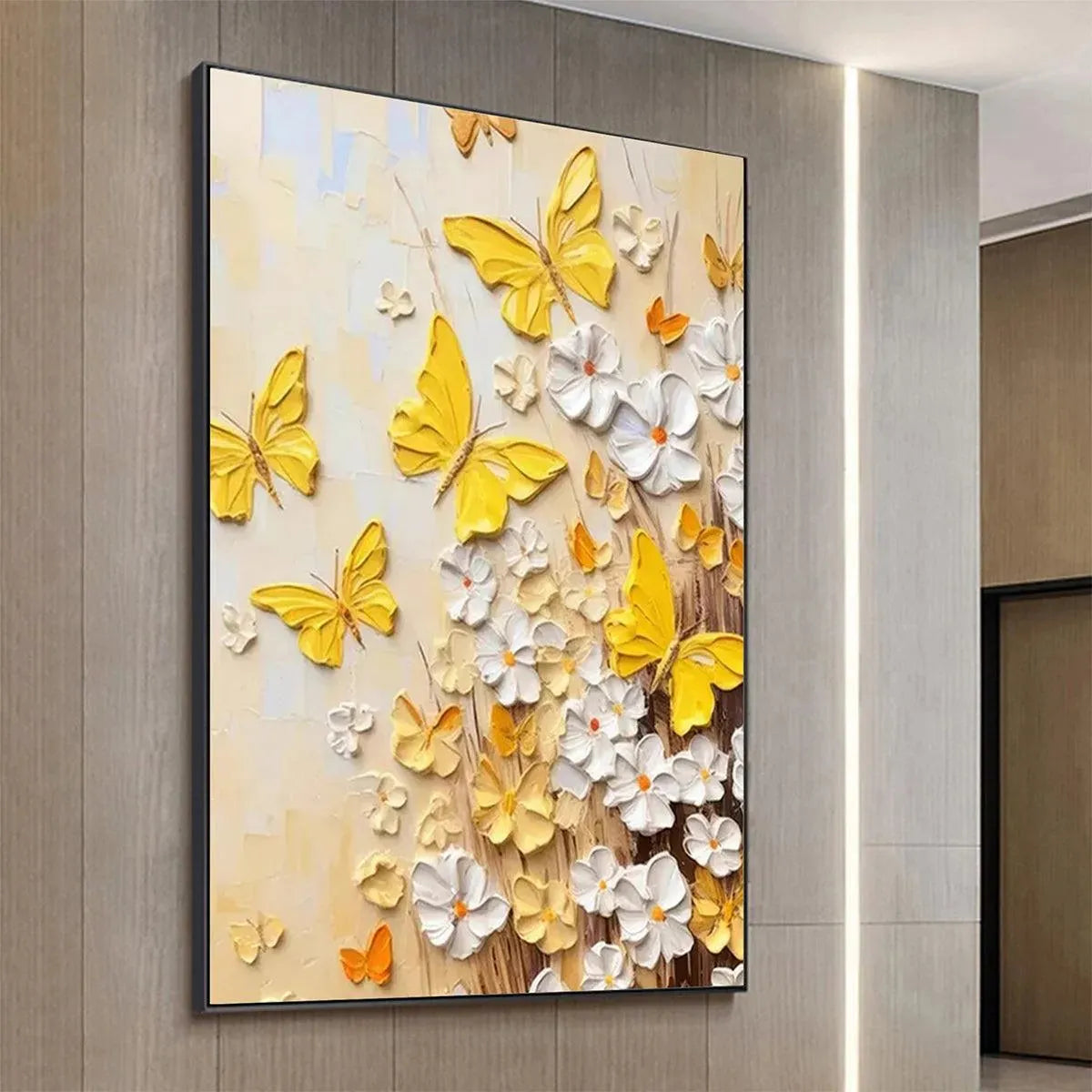GOLDEN BUTTERFLIES: Textured Butterfly and Floral Painting, Yellow and White Wall Art, Vertical Canvas, Impasto Decor