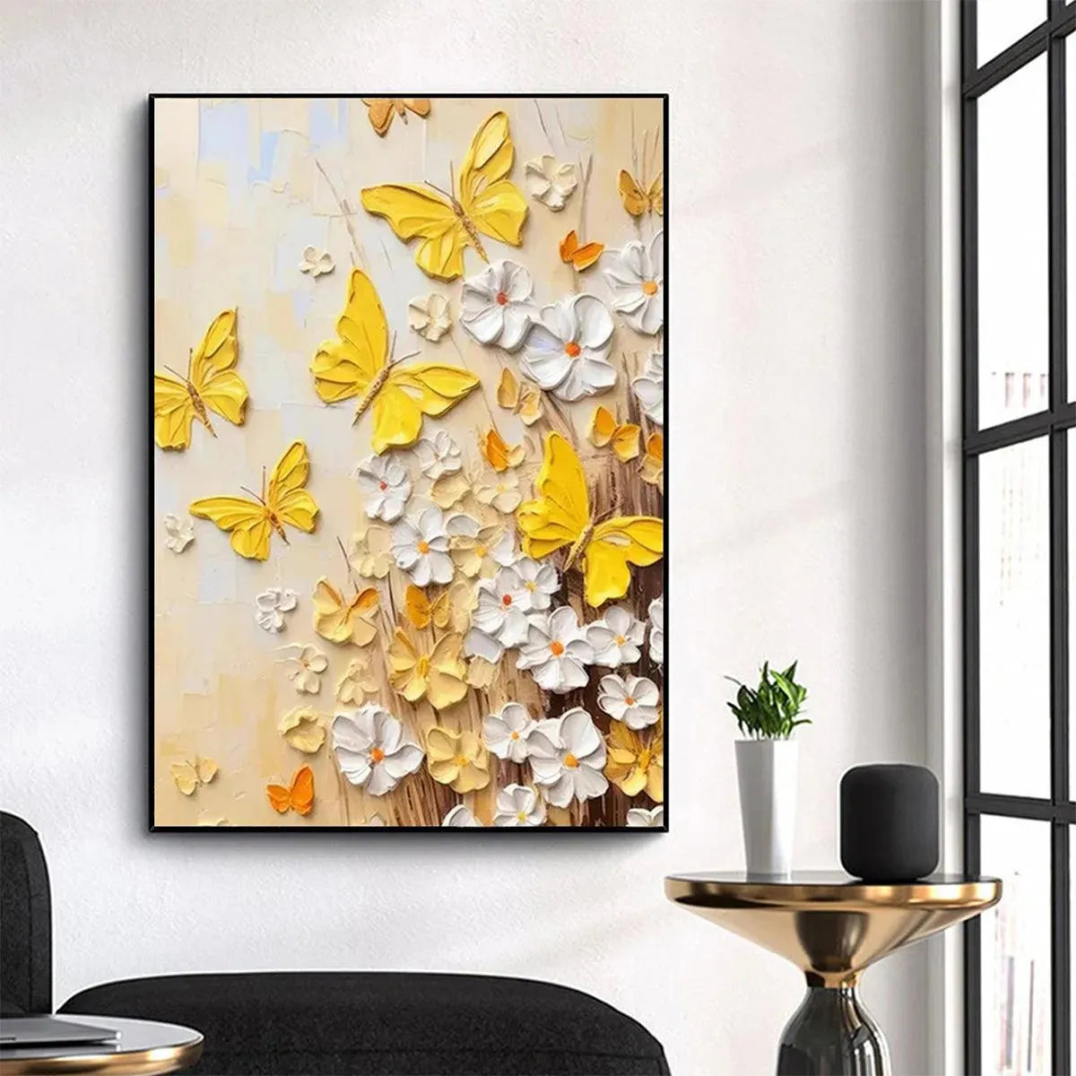 GOLDEN BUTTERFLIES: Textured Butterfly and Floral Painting, Yellow and White Wall Art, Vertical Canvas, Impasto Decor