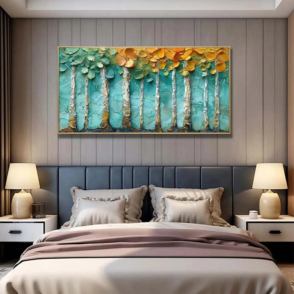 GOLDEN ASPEN GROVE: Textured Forest Painting, Impasto Wall Art, Horizontal Canvas, Landscape Art