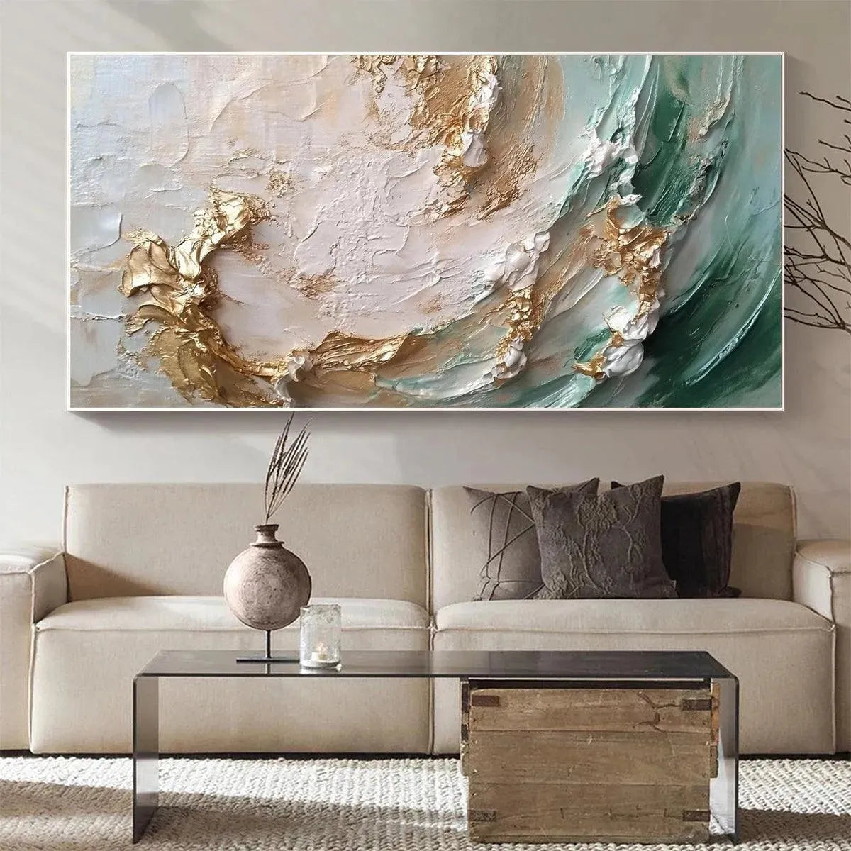JADE AURORA: Green and Gold Abstract Impasto Oil Painting
