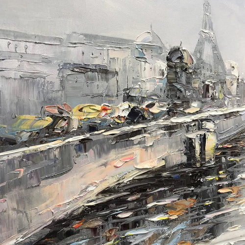 AUTUMNAL RIVER WALK: Panoramic Cityscape Oil Painting with River and Trees
