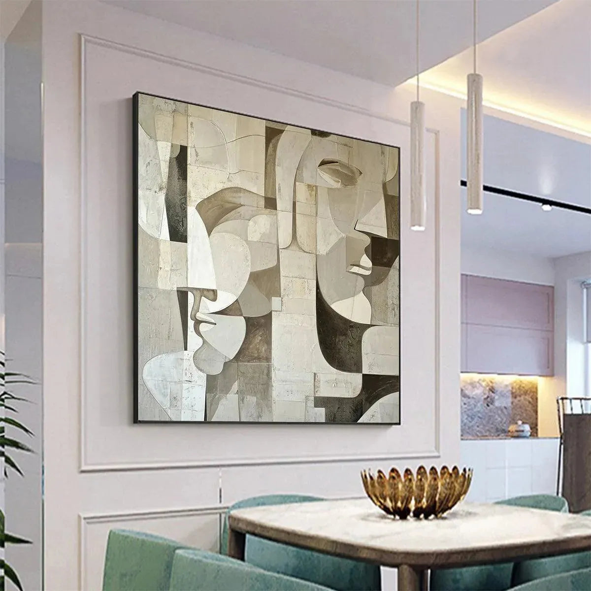 ABSTRACT FACES: Cubist Painting, Neutral Tones Wall Art, Square Canvas Art, Modern Decor