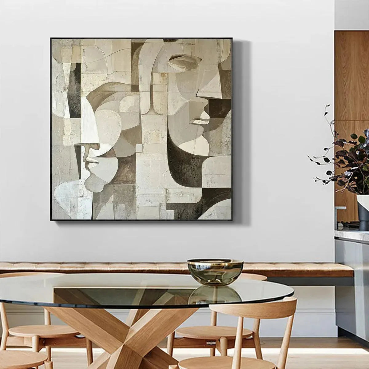 ABSTRACT FACES: Cubist Painting, Neutral Tones Wall Art, Square Canvas Art, Modern Decor