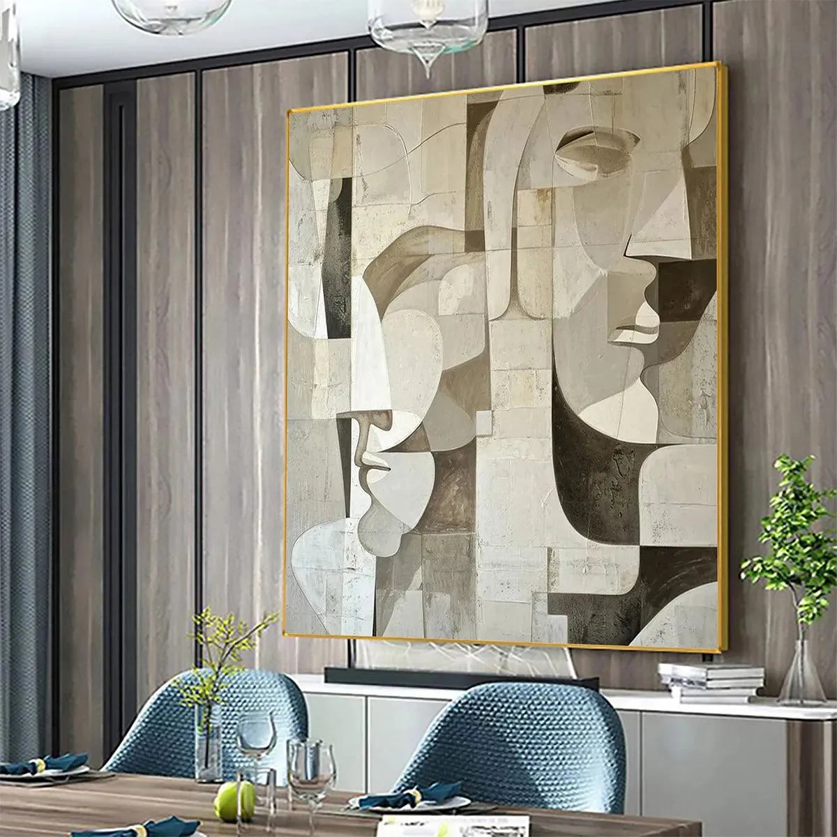 ABSTRACT FACES: Cubist Painting, Neutral Tones Wall Art, Square Canvas Art, Modern Decor