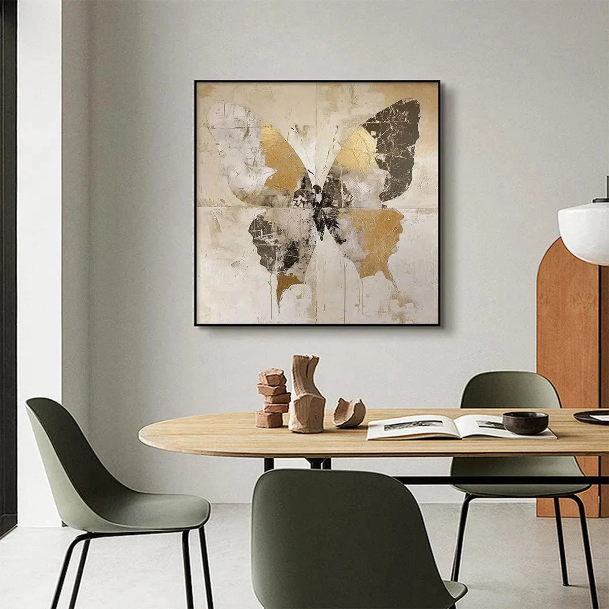 GOLDEN MONARCH: Gold Butterfly Painting, Square Canvas Art, Textured Wall Art, Beige and Gold Decor