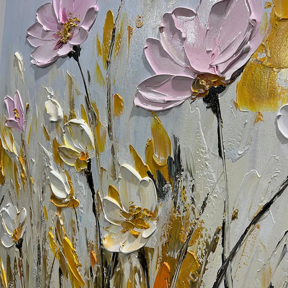 FIELD OF DREAMS: Horizontal Impasto Painting of Pink and White Flowers, Golden Field, Textured Wall Art