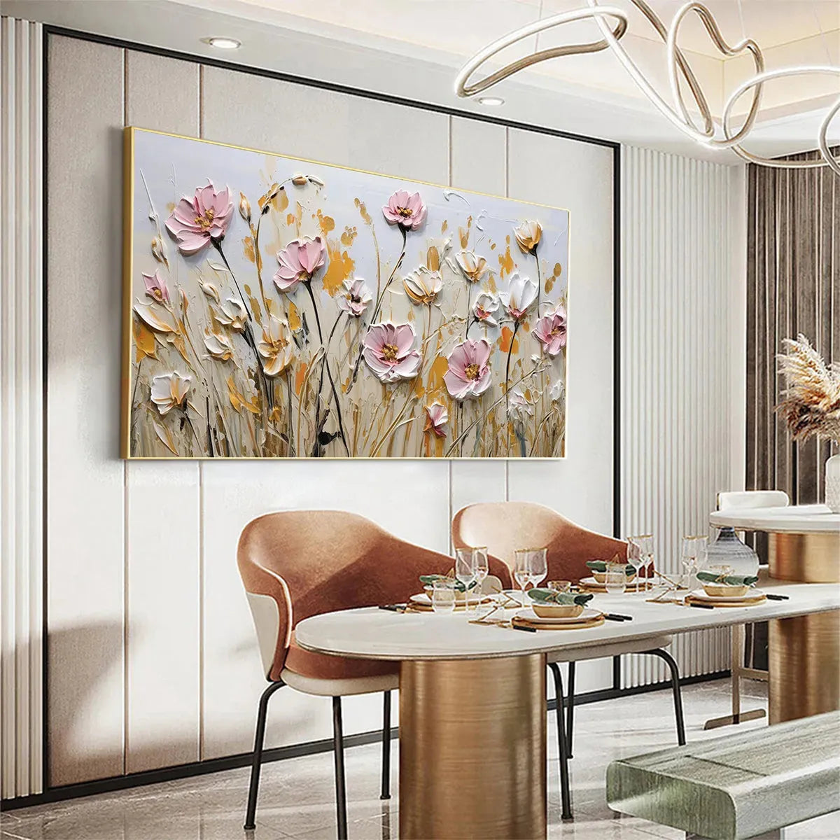 FIELD OF DREAMS: Horizontal Impasto Painting of Pink and White Flowers, Golden Field, Textured Wall Art