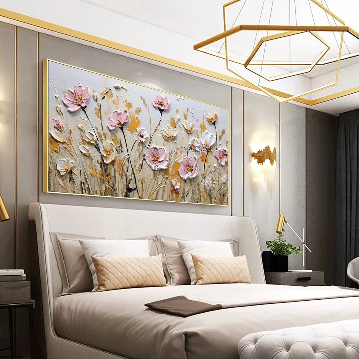 FIELD OF DREAMS: Horizontal Impasto Painting of Pink and White Flowers, Golden Field, Textured Wall Art