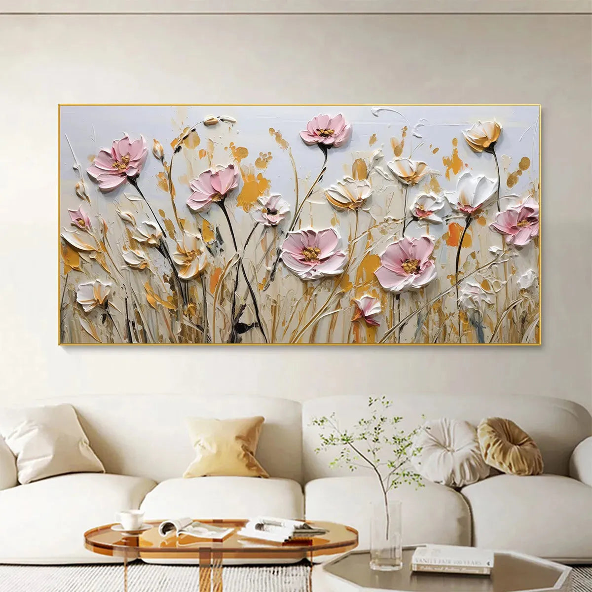 FIELD OF DREAMS: Horizontal Impasto Painting of Pink and White Flowers, Golden Field, Textured Wall Art