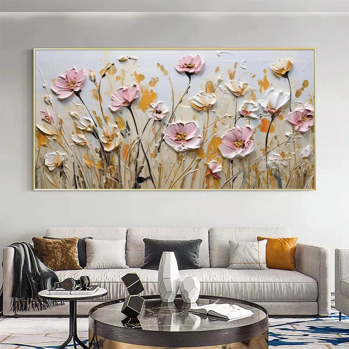 FIELD OF DREAMS: Horizontal Impasto Painting of Pink and White Flowers, Golden Field, Textured Wall Art