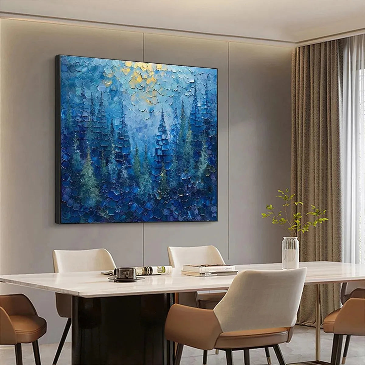 BLUE FOREST: Textured Forest Painting, Blue Landscape Wall Art, Square Canvas, Impasto Decor