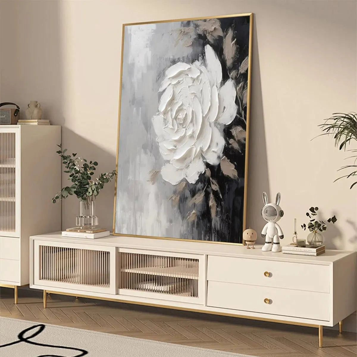 TEXTURED WHITE ROSE: 3D Floral Impasto Painting, Square Wall Art