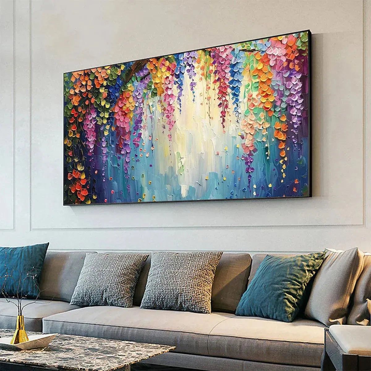 WISTERIA WATERFALL: Textured Floral Painting, Colorful Wisteria Wall Art, Panoramic Canvas, Impressionist Decor