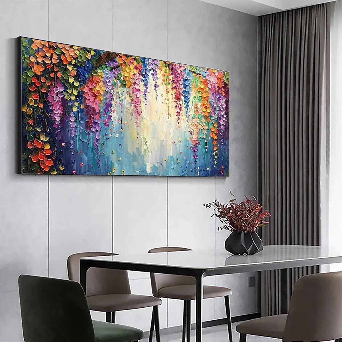 WISTERIA WATERFALL: Textured Floral Painting, Colorful Wisteria Wall Art, Panoramic Canvas, Impressionist Decor