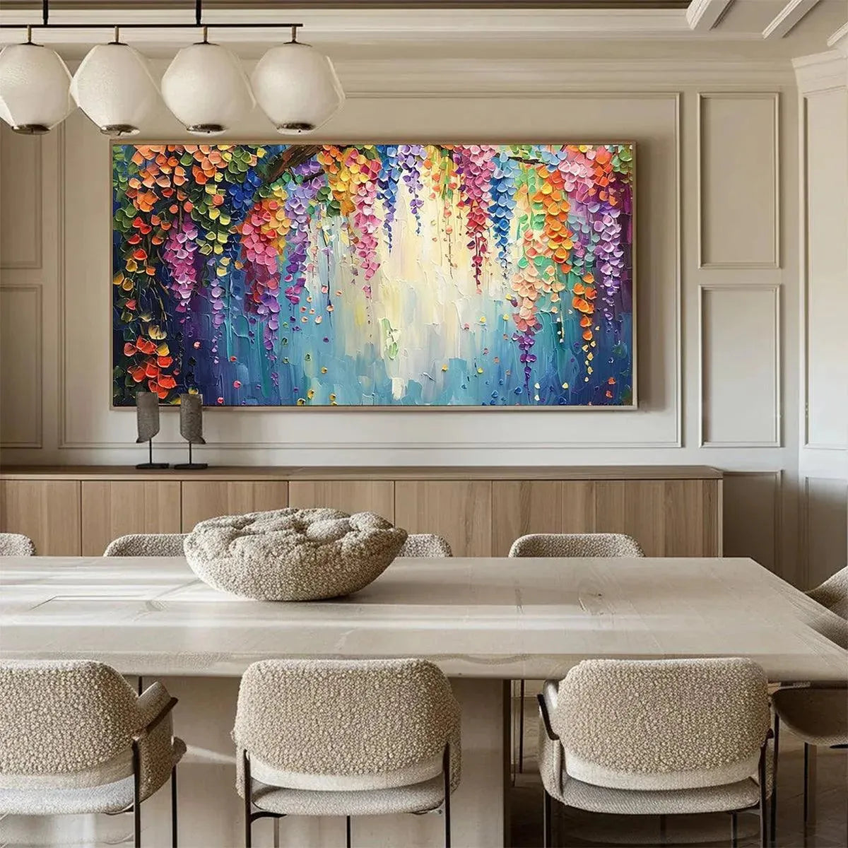 WISTERIA WATERFALL: Textured Floral Painting, Colorful Wisteria Wall Art, Panoramic Canvas, Impressionist Decor