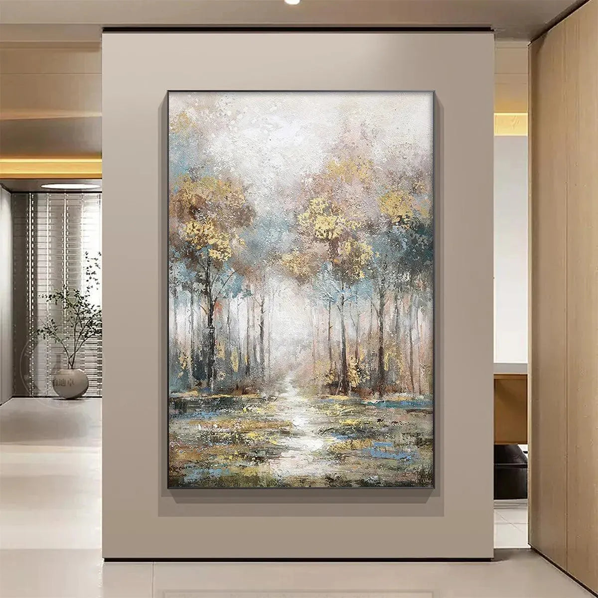 GOLDEN FOREST PATH: Textured Forest Landscape Painting, Vertical Wall Art