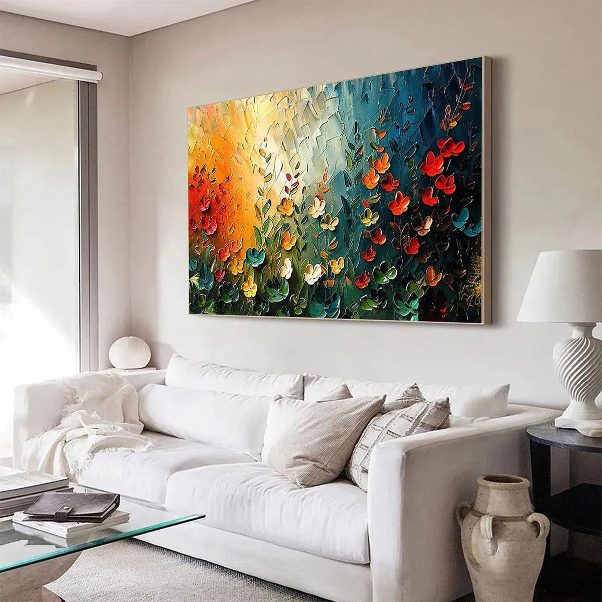 WILDFLOWER MEADOW: Textured Abstract Floral Painting, Colorful Wildflower Wall Art, Panoramic Canvas, Modern Decor