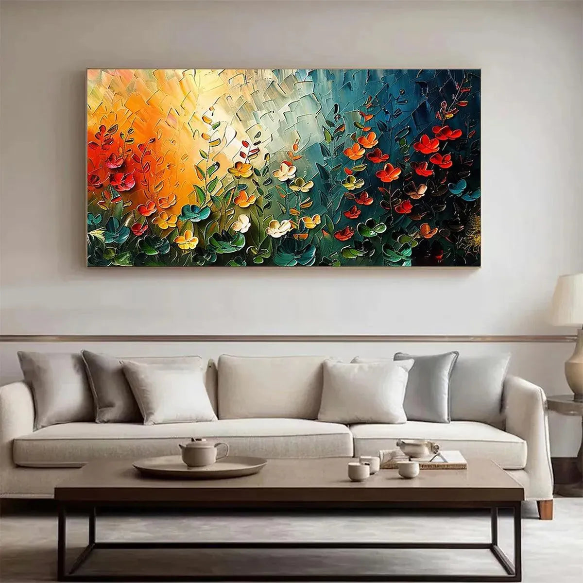 WILDFLOWER MEADOW: Textured Abstract Floral Painting, Colorful Wildflower Wall Art, Panoramic Canvas, Modern Decor