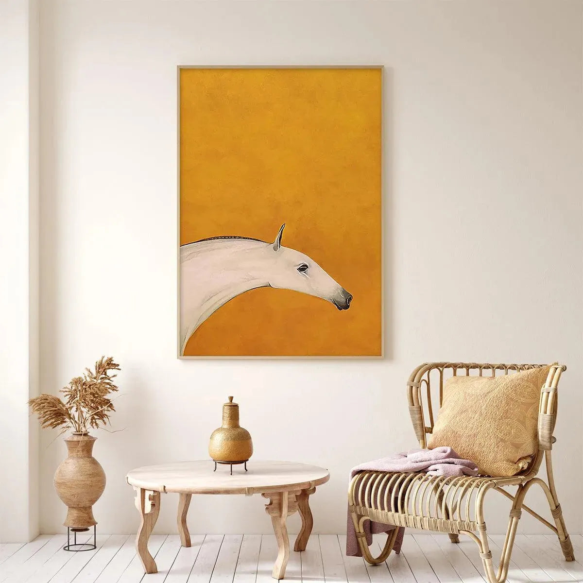 WHITE HORSE ON YELLOW: Minimalist Horse Painting, Vertical Wall Art